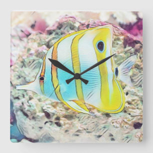 Vintage Drawing of Blue Yellow Fish in Sea   Square Wall Clock