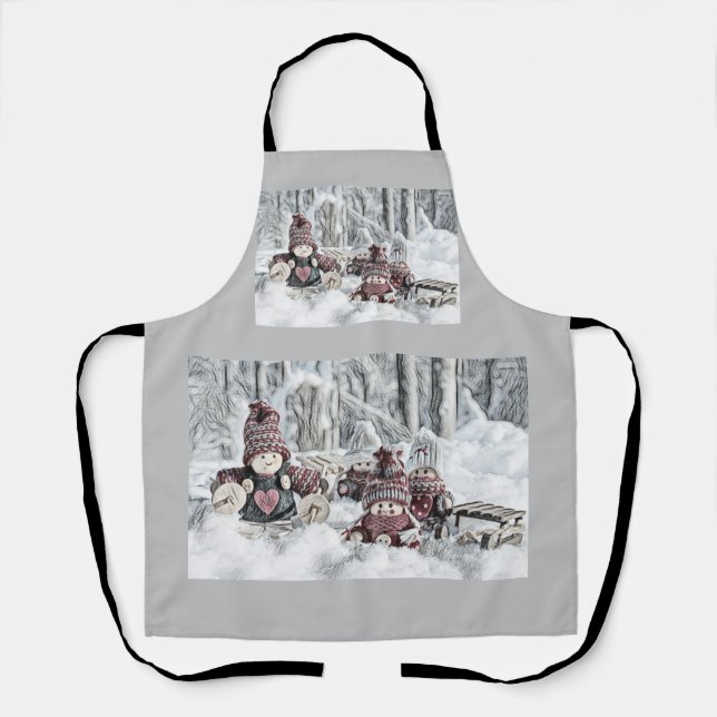 Vintage Drawing of Gnomes in the Snow  Apron (Front)