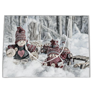Vintage Drawing of Gnomes in the Snow  Large Gift Bag