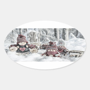 Vintage Drawing of Gnomes in the Snow  Oval Sticker