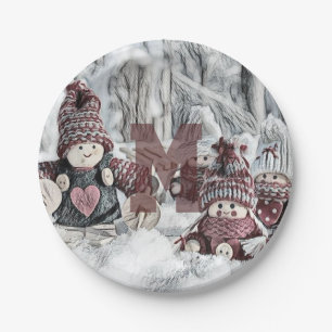 Vintage Drawing of Gnomes in the Snow Paper Plate