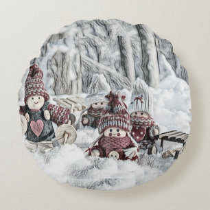 Vintage Drawing of Gnomes in the Snow  Round Cushion