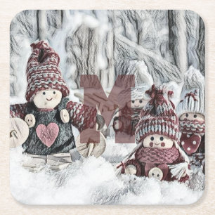 Vintage Drawing of Gnomes in the Snow Square Paper Coaster