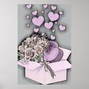 Vintage Drawing of Pink Hearts and Roses in Box  P Poster