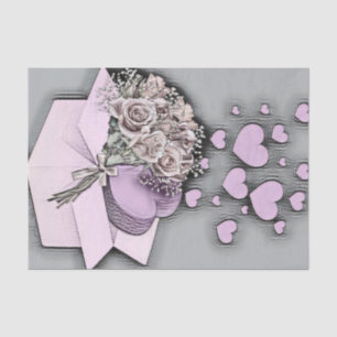 Vintage Drawing of Pink Hearts and Roses in Box  Tissue Paper