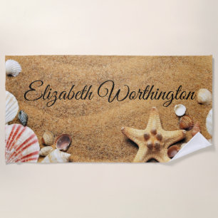 Vintage Drawing of Seashells on Sand Beach Towel