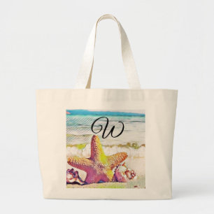 Vintage Drawing Pink Yellow Star Seashells Large Tote Bag