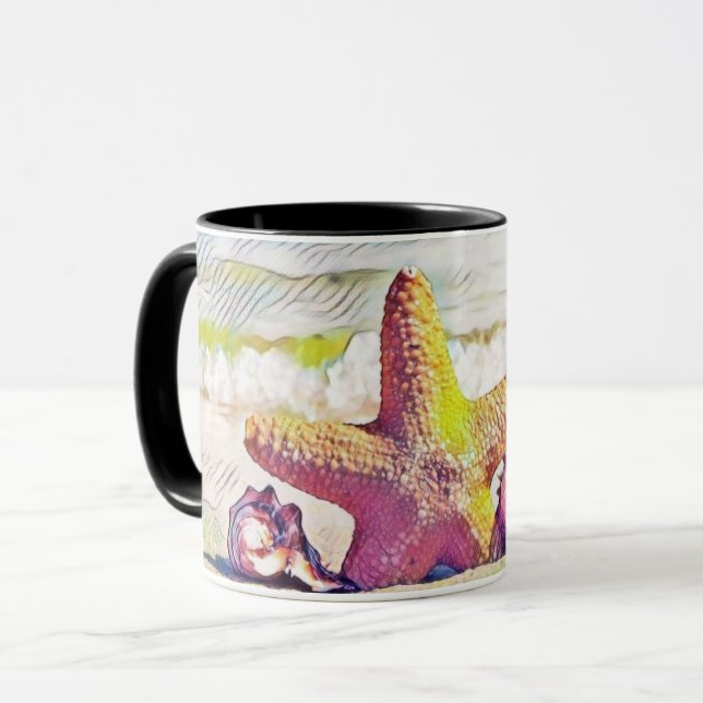 Vintage Drawing Pink Yellow Star Seashells  Mug (Front Left)