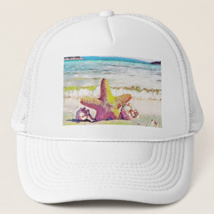 Vintage Drawing Pink Yellow Star Seashells T-Shirt Trucker Hat