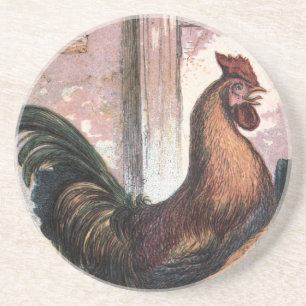 Vintage Drawing: Rooster and Hen Coaster