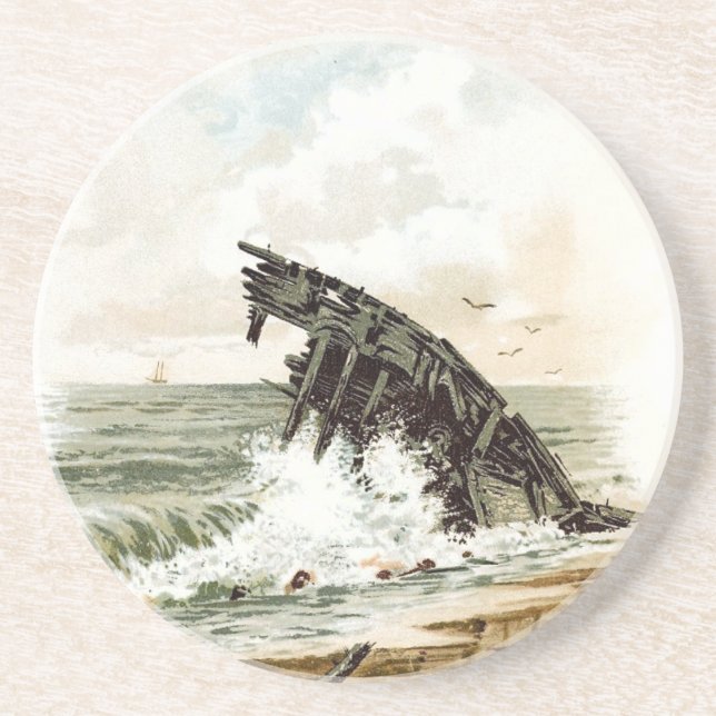 Vintage Drawing: Shipwreck on the Beach Coaster (Front)