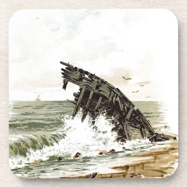 Vintage Drawing: Shipwreck on the Beach Coaster (Front)
