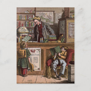 Vintage Drawing: The Antique Bookstore Postcard