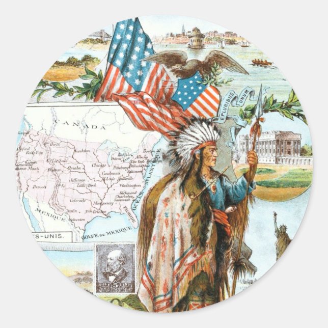Vintage Drawing: USA Collage Classic Round Sticker (Front)