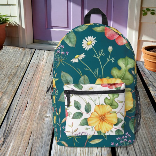 Vintage Drawing Wildflowers White / Teal Backpack (Creator Uploaded)
