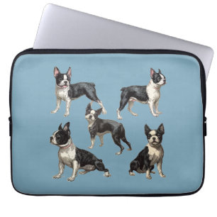 Vintage Drawings of Boston Terriers on Teal Blue Laptop Sleeve