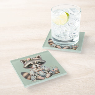 Vintage Dressed Cottagecore Racoon Pastel Glass Coaster