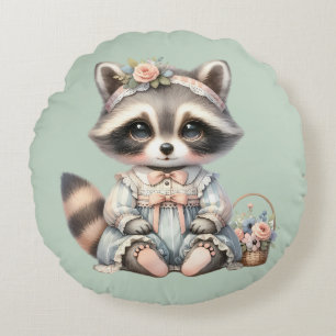 Vintage Dressed Cottagecore Racoon Pastel Round Cushion