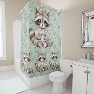 Vintage Dressed Cottagecore Racoon Pastel Shower Curtain