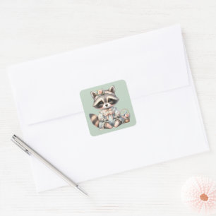 Vintage Dressed Cottagecore Racoon Pastel Square Sticker
