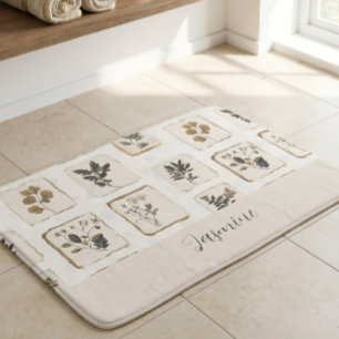 Vintage dried pressed wildflowers Name Monogram Bath Mat