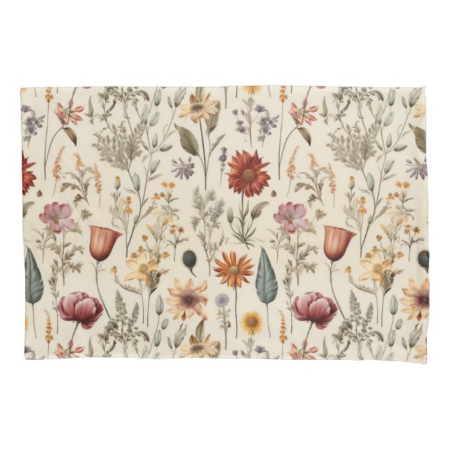 Vintage Dried Wildflower Burgundy Pink Yellow Pillowcase (Front)