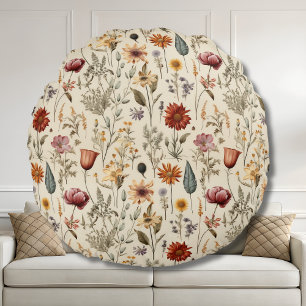 Vintage Dried Wildflower Burgundy Pink Yellow Round Cushion