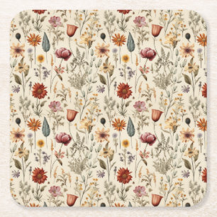 Vintage Dried Wildflower Burgundy Pink Yellow Square Paper Coaster