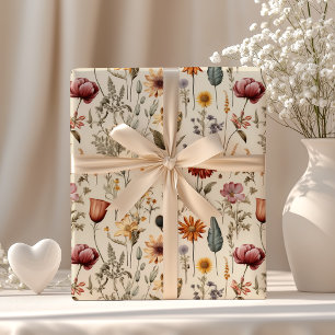 Vintage Dried Wildflower Burgundy Pink Yellow Wrapping Paper