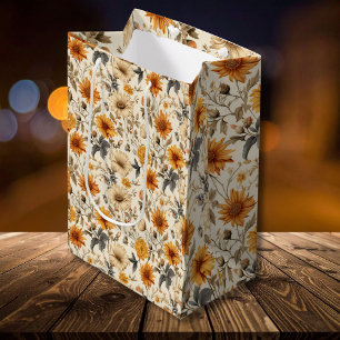 Vintage Dried Wildflower Cream Orange Brown Medium Gift Bag