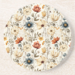Vintage Dried Wildflower Navy Terracotta Coaster