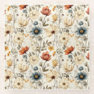 Vintage Dried Wildflower Navy Terracotta Glass Coaster