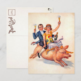 Vintage Drinking Couple Riding Pig Postcard 