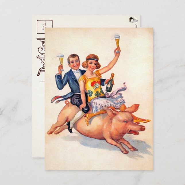 Vintage Drinking Couple Riding Pig Postcard  (Front/Back)