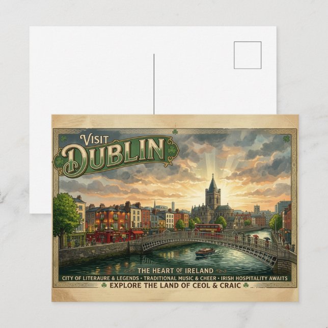 Vintage Dublin Travel Poster Postcard (Front/Back)