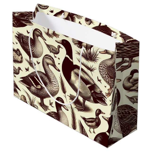 Vintage Duck and Goose Pattern Large Gift Bag (Back Angled)