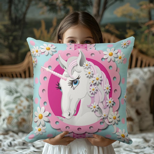 Vintage Duck Egg Blue Unicorn and Daisies Floral Cushion (Creator Uploaded)