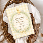 Vintage Duckling Floral Baby Shower Invitation<br><div class="desc">A charming vintage baby shower design featuring a sweet little duckling resting above a delicate floral wreath. Soft watercolor wildflowers and greenery frame the center, finished with a gentle ribbon bow and a warm yellow gingham background that adds a cozy nursery feel. The storybook illustration style and pastel countryside palette...</div>