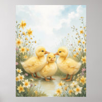 Vintage Duckling Trio Pastel Art 