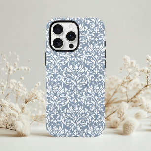 Vintage Dusty Blue and White Floral Damask Pattern Case-Mate iPhone Case