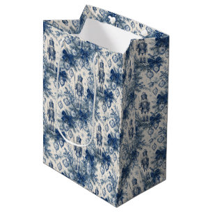 Vintage Dusty Blue Christmas Toile Nutcracker Medium Gift Bag