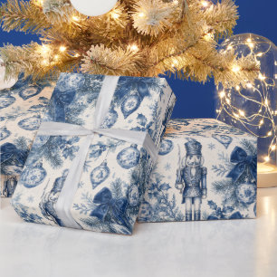 Vintage Dusty Blue Christmas Toile Nutcracker Wrapping Paper