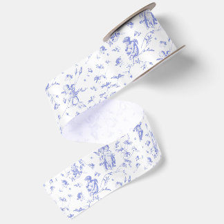 Vintage Dusty Blue Cupid Angels Floral Toile Satin Ribbon