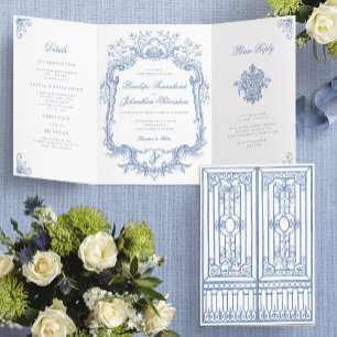 Vintage Dusty Blue Elegant Gate Wedding Tri-Fold Invitation