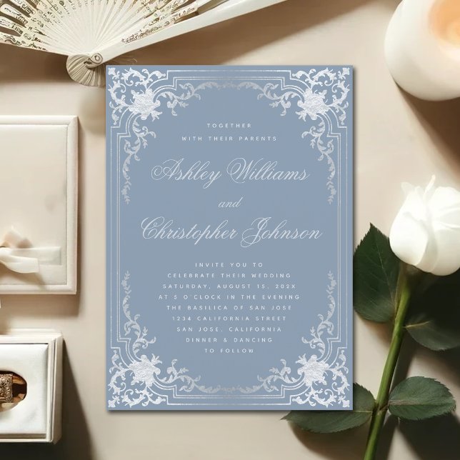 Vintage Dusty Blue Faux Silver Calligraphy Wedding Invitation (Creator Uploaded)
