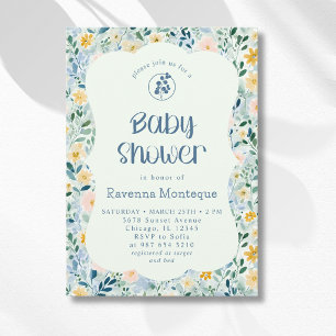 Vintage Dusty Blue Floral Blooms Baby Shower Invitation