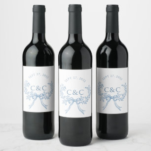 Vintage Dusty Blue Floral Coquette Monogram Wine Label