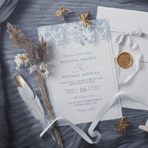 Vintage Dusty Blue Floral Elegant QR Code Wedding Invitation