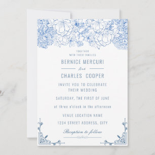 Vintage Dusty Blue Floral Elegant Wedding Invitation