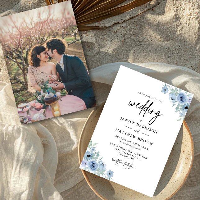 Vintage Dusty Blue Floral Photo Wedding Invitation (Creator Uploaded)